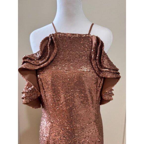C/Meo Collective Womens Rose Gold Sequin Midi Dress With Ruffle Cold Shoulder De - Picture 2 of 11